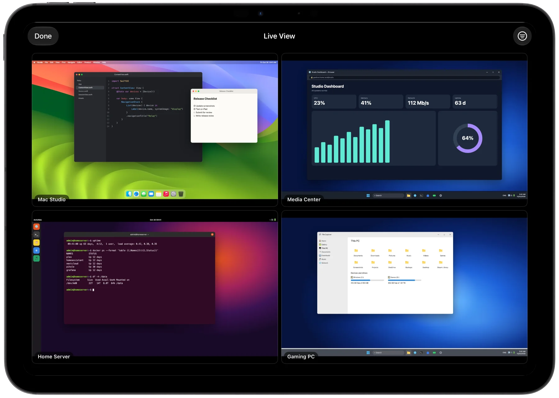 Relay Live View on iPad showing four computers at once